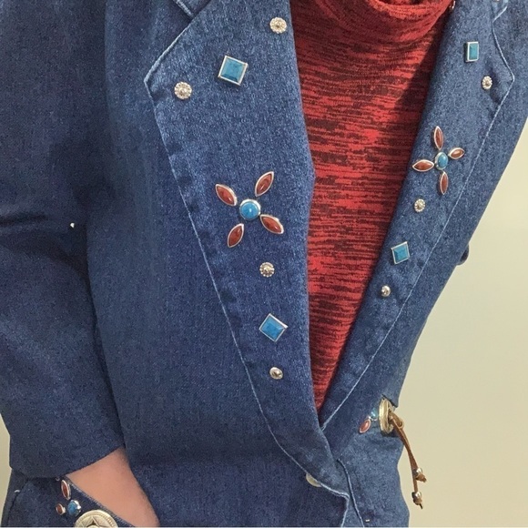 VINTAGE 80s Western Crackle Stone Embellished Denim Blazer Jacket Size 10 - Picture 2 of 12